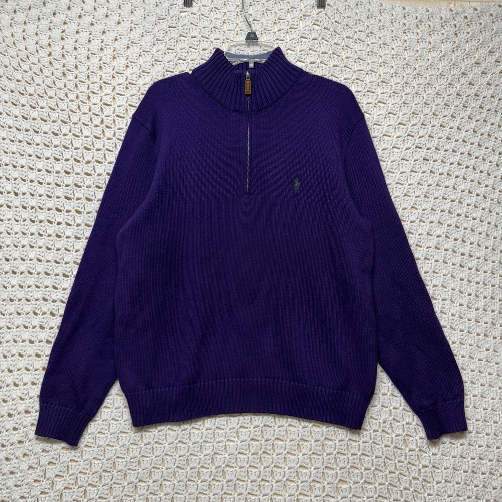 Polo Ralph Lauren 1/4 Zip Sweater Mens L Purple Mock Neck Pullover 100%Cotton